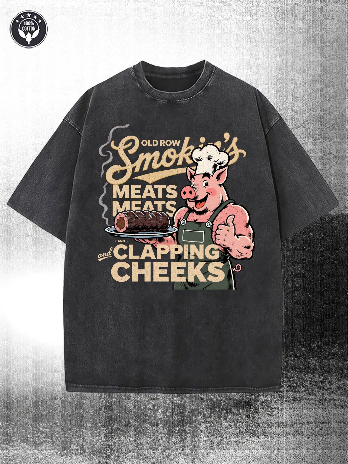 Men'S Heavy 230gsm Washed Bataker Vintage Barbecue Pattern T-Shirt | Meat and Cooking Design, Street Style Short Sleeve Crew Neck, All-Season Leisure, Suitable for Outdoor Activities and Holiday Gifts, Machine Washable