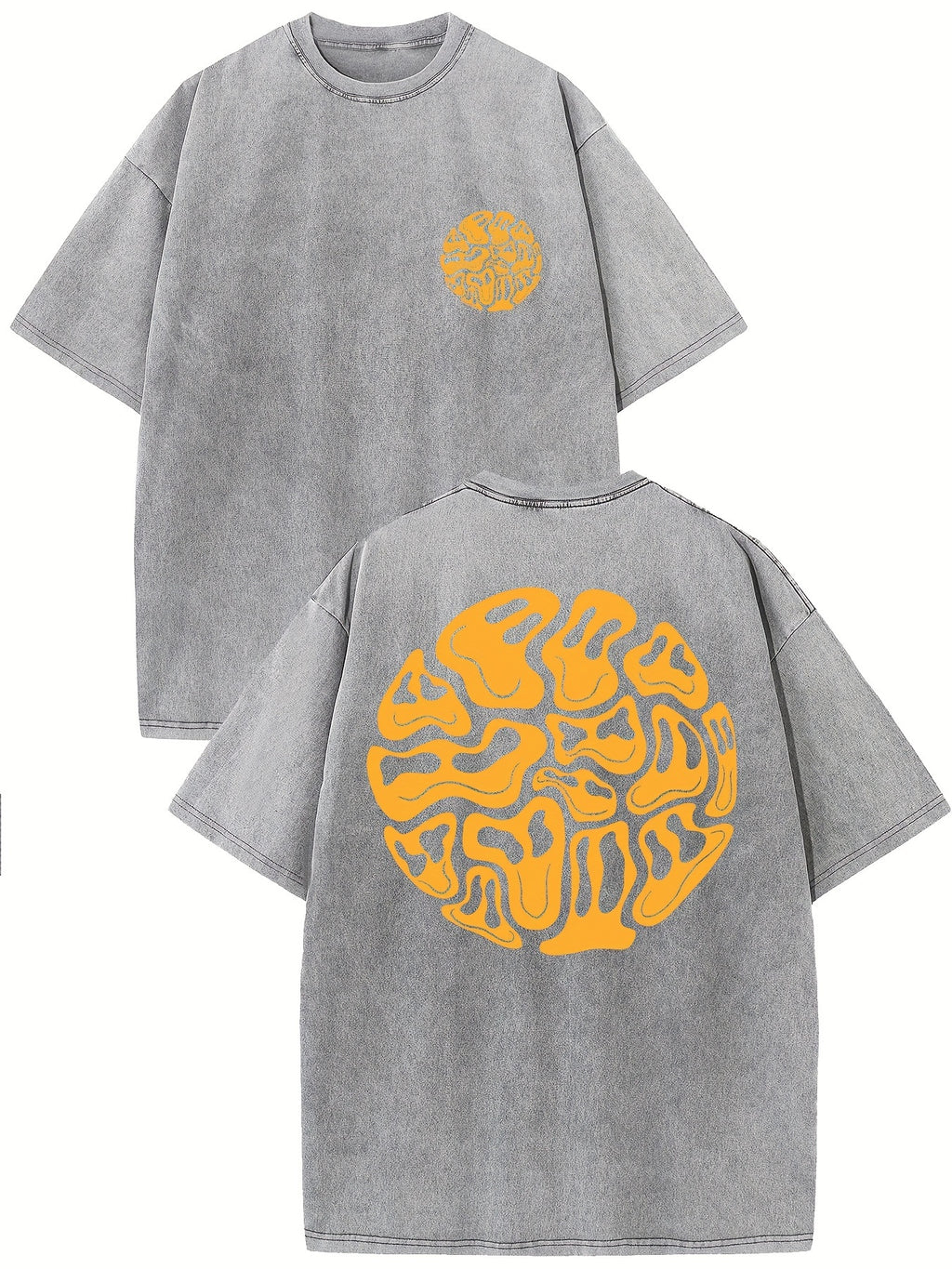 Men's  Style Washed Washed Cotton T-shirt, Unique Orange Abstract Printing, Short Sleeve and Round Neck-Comfortable Summer Casual Wear