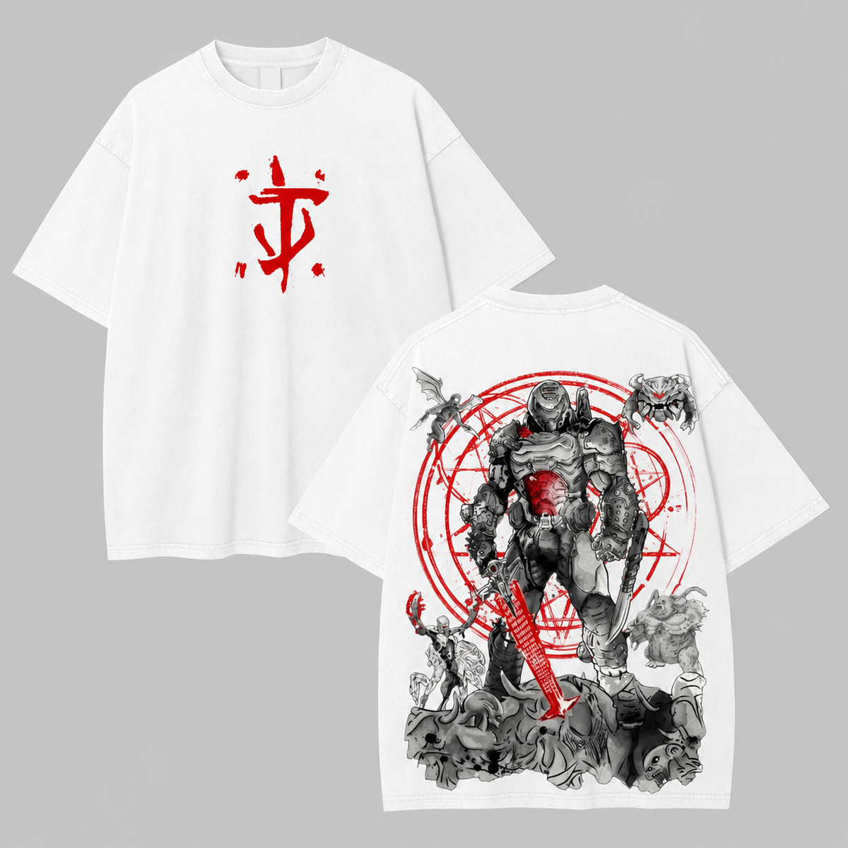 Retro stonewashed DOOM game short-sleeved T-shirt, hellish demon dark pentagram distressed high street loose T-shirt