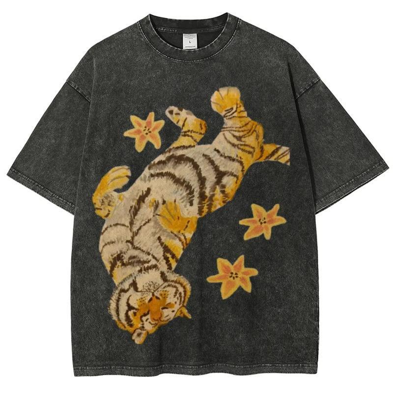 American-style acid-washed distressed, relaxed look with tiger and floral illustrations. Heavyweight vintage wash, oversized, loose fit, unisex T-shirt.