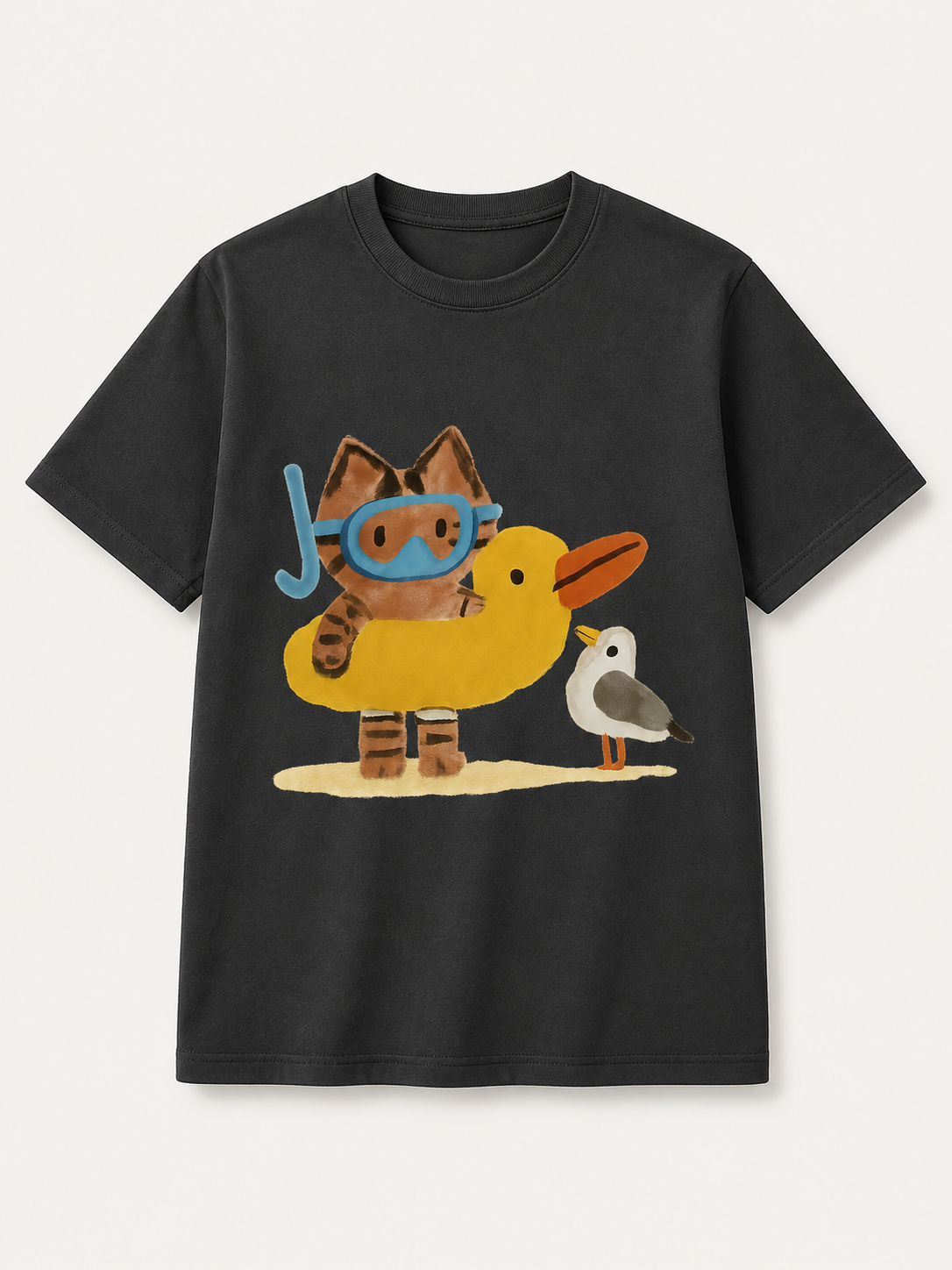 Summer Seaside-Themed Distressed Black Short-Sleeve T-Shirt – 100% Cotton, Oversized, Casual Tee Featuring a Cute Beach Kitten Cartoon