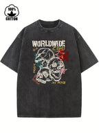 Double-sided printHalloween Horror Printed washed distressed batik cotton men's T-shirt (Loaiyi style)