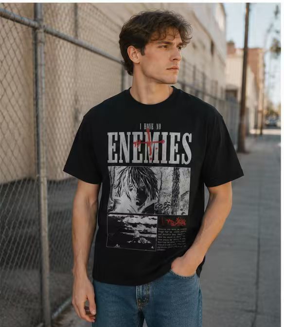 Pure Cotton Vintage "I Have No Enemies" Anime Graphic T-Shirt – American Streetwear Style with Text & Portrait, Loose Fit, Drop-Shoulder Short Sleeve (Men's)
