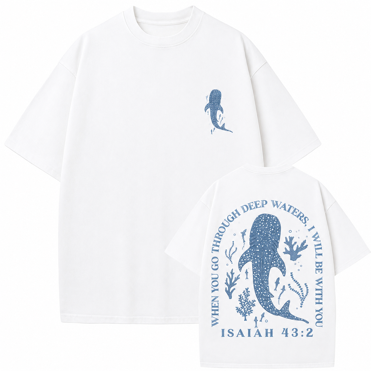 Isaiah 43:2 (Bible) - Whale Shark Ocean Double-sided Print Washed Distressed Short-Sleeve T-Shirt, American Heavyweight Pure Cotton Oversized Retro Casual Men's and Women's T-Shirt