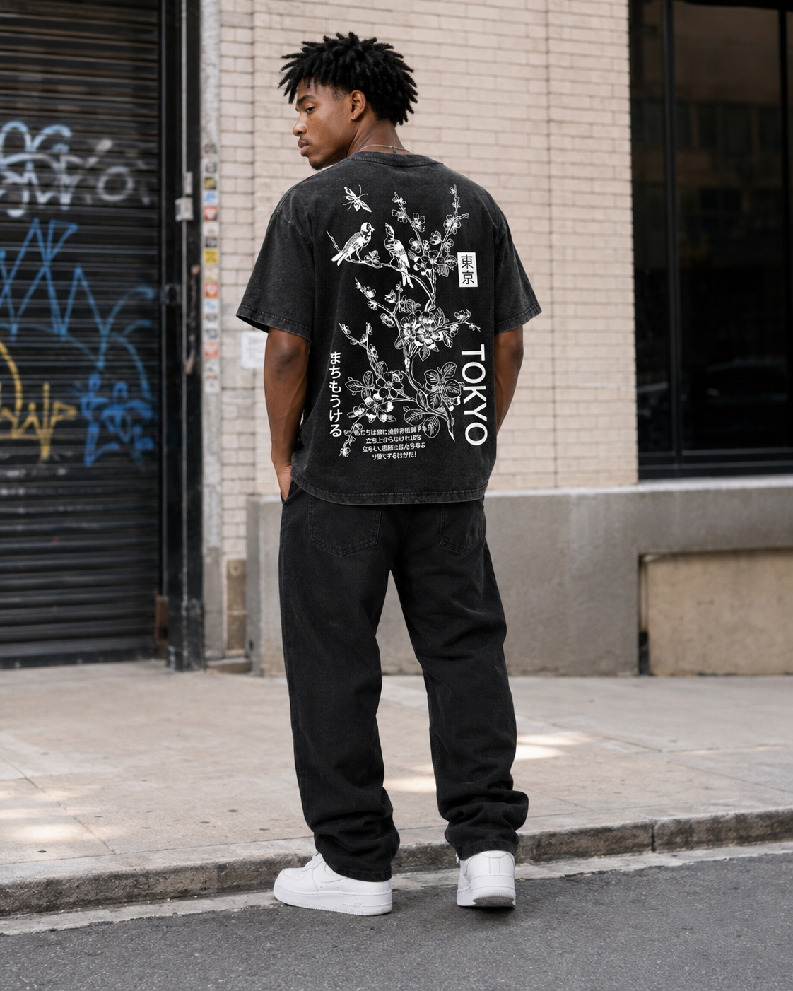 Vintage-Wash Short-Sleeve T-Shirt | Oversized Unisex Fit with Double-Sided Tokyo-Style Floral, Bird, and Cherry Blossom Woodblock Print
