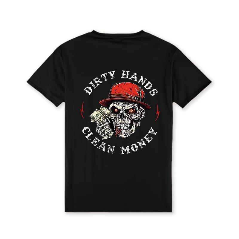 Men's 100%Cotton Casual Crew Neck T-Shirt - "Dirty Hands Clean Money" Skull Graphic Short Sleeve Soft and Comfortable Ideal for All Seasons