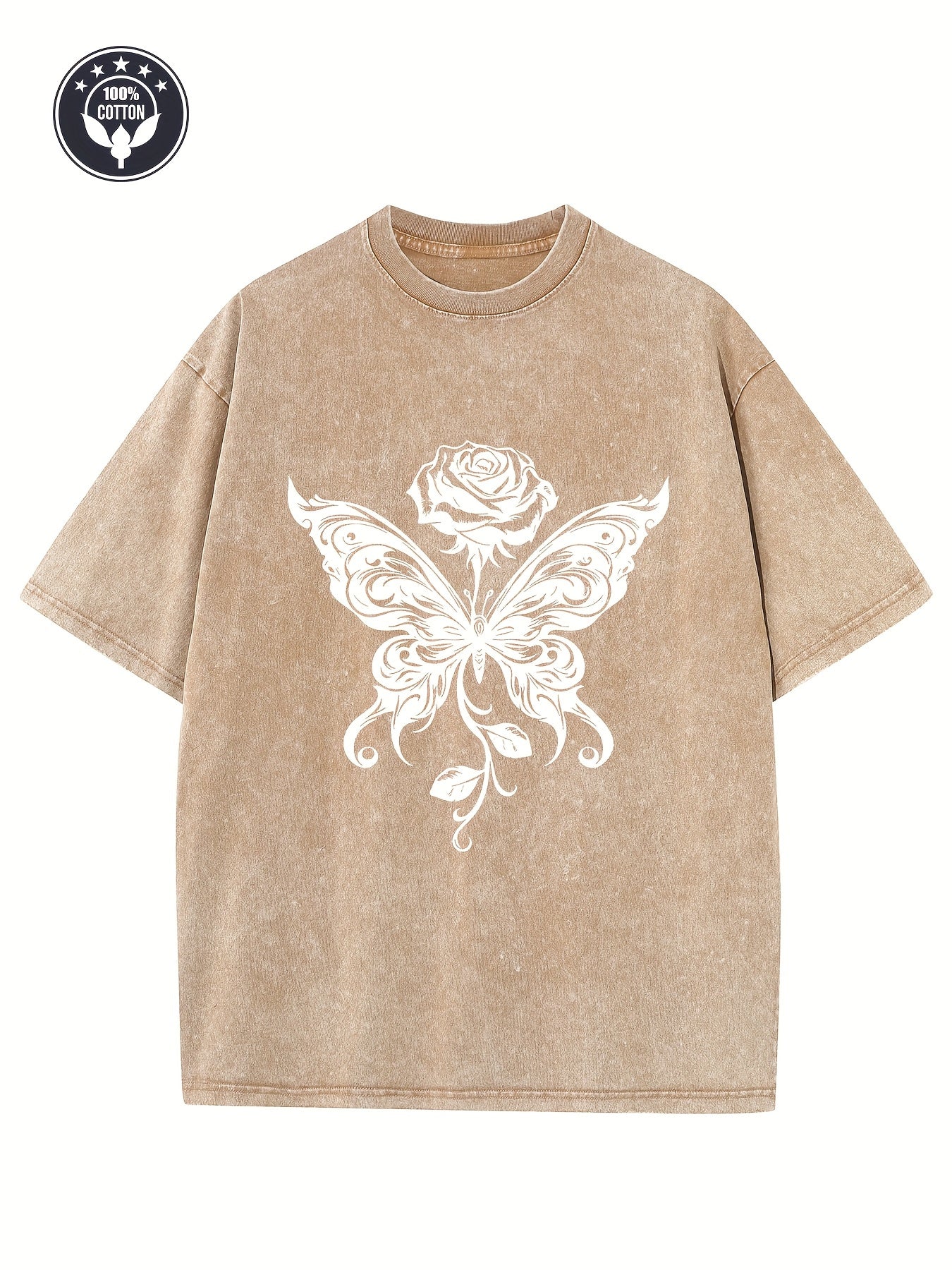 Men'S & Women'S Vintage Heavyweight 230gsm Oversized T-Shirt - & Butterfly & Rose Graphic Print, Drop Shoulder Relaxed Fit, Unisex Streetwear Hip-Hop Tee for Casual Casual Attire, All-Season Comfort, Machine Washable Vintage Washed Texture (Men'S &
