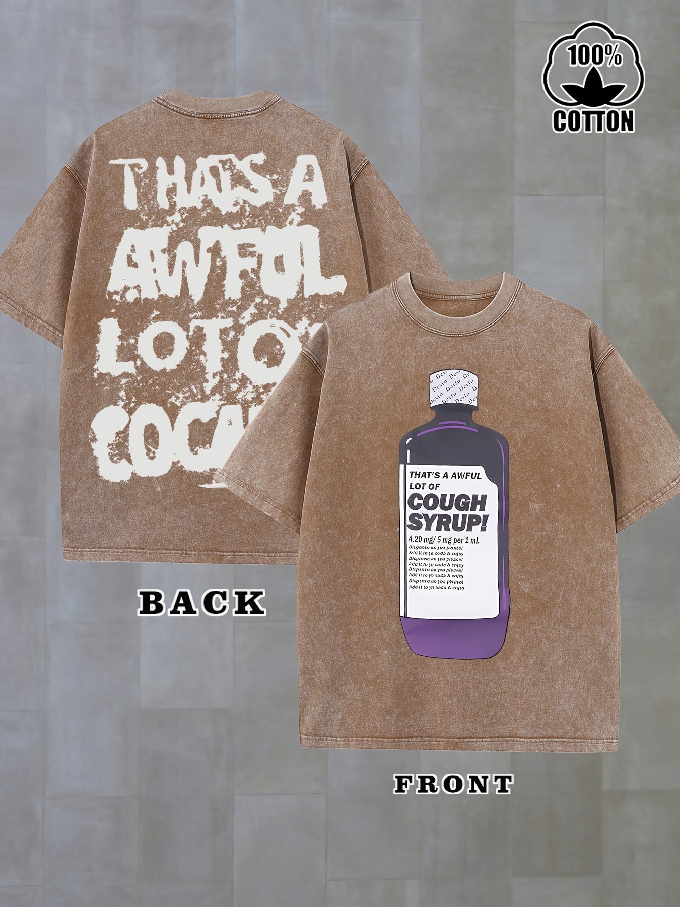 Men'S 230g Washed Soft Retro Street Style Cough Syrup Pattern and "Too Much" Print Short Sleeve Shirt | 100% Pure, Crew Neck, Distressed Texture, Breathable Fabric, Perfect for All-Season Wear