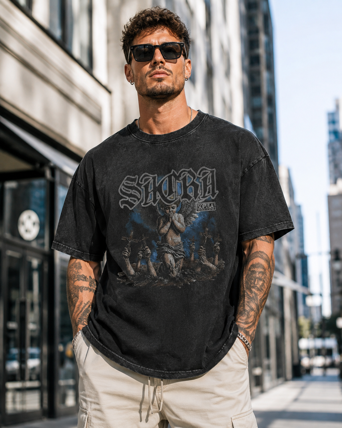 American-style vintage "dirty-wash" Angel-print T-shirt—a versatile, distressed, and faded unisex short-sleeve tee; a perfect choice for summer.