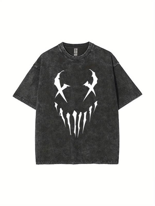 Couples Vintage Washed Printed T Shirt with Skull Pattern White Graphic Design Round Neck Short Sleeve Loose Fit Straight Hem Casual Top