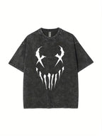 Couples Vintage Washed Printed T Shirt with Skull Pattern White Graphic Design Round Neck Short Sleeve Loose Fit Straight Hem Casual Top