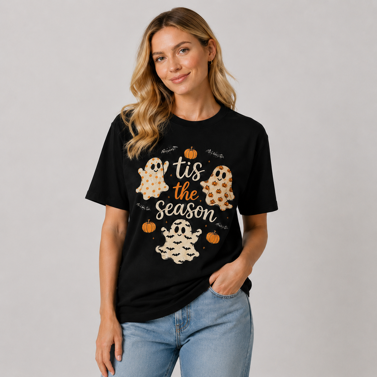 Halloween "Tis the Season" Cute Ghost & Pumpkin Print T-Shirt – 100% Cotton, American Vintage Loose-Fit Short Sleeve