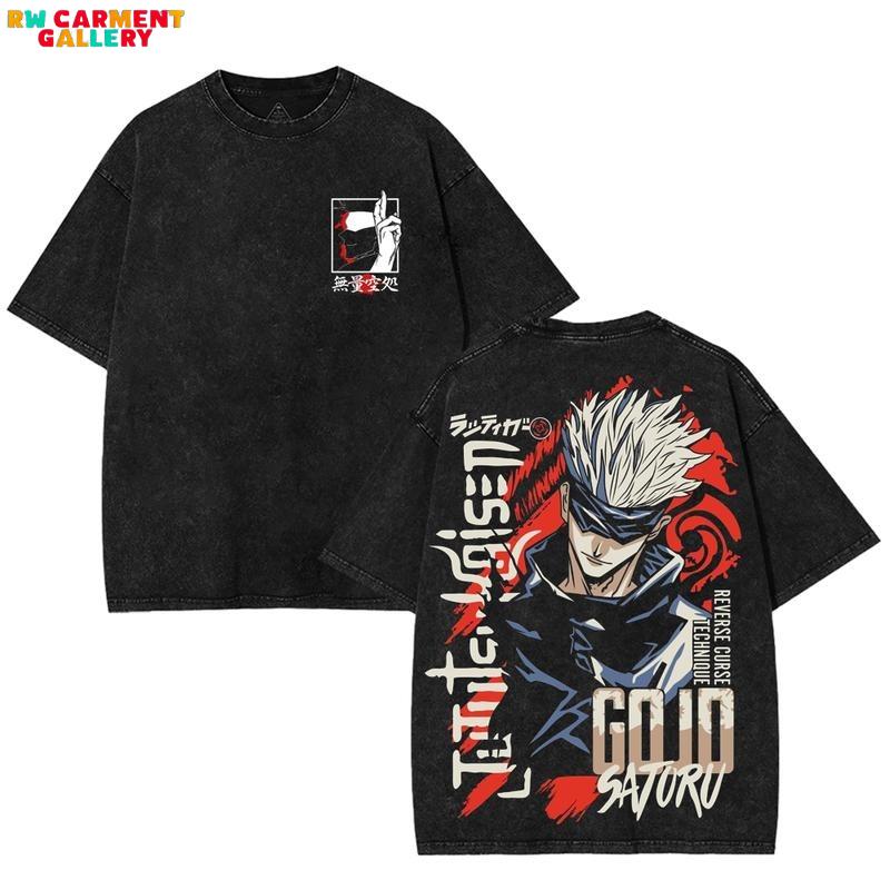 JJK Gojo Satoru Oversized Y2K Vintage Washed Cotton T-Shirt, Jujutsu Kaisen Anime Double-Sided Printed Graphic Tee, Retro Casual Unisex Oversize Anime Manga Acid Wash Streetwear, Otaku Top Fit, Gift For Anime Fan Manga Lover