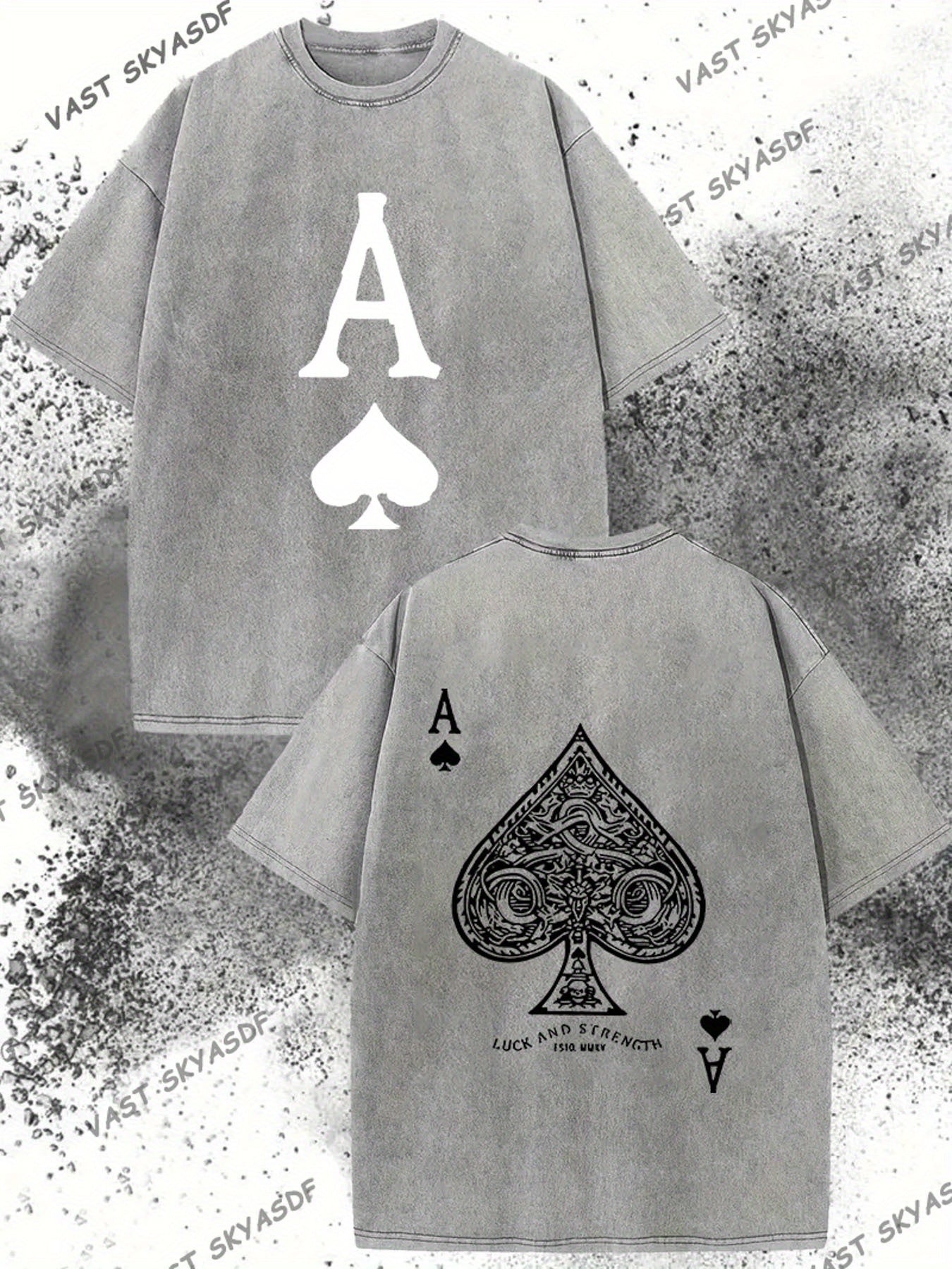 Men's Vintage Washed 230gsm Heavyweight Cotton T-Shirt with Poker Spades & Hearts Print - Distressed Soft Pink Short Sleeve Beach Shirt, Casual Summer Top for poker night or for all-Season Machine Washable Wear