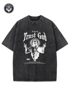 Men'S & Women'S Heavyweight 250gsm Washed Cotton T-Shirt - Vintage Streetwear Tee with "Trust God No Plan B" Graphic - Loose Fit Drop Shoulder Shirt in Beige/ - Religious Faith-Based Apparel for Everyday & Special Occasions - Unisex Casual Top,