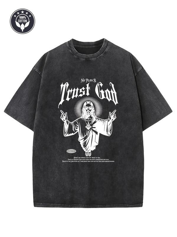 Men'S & Women'S Heavyweight 250gsm Washed Cotton T-Shirt - Vintage Streetwear Tee with "Trust God No Plan B" Graphic - Loose Fit Drop Shoulder Shirt in Beige/ - Religious Faith-Based Apparel for Everyday & Special Occasions - Unisex Casual Top,