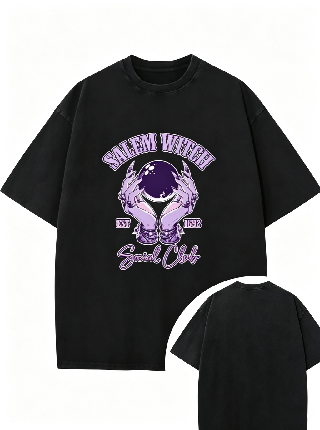 Women's Oversized Heavyweight Cotton T-Shirt – Vintage-Washed "Salem Witch" Crystal Ball Graphic (American Style / Halloween Theme)