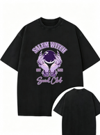 Women's Oversized Heavyweight Cotton T-Shirt – Vintage-Washed "Salem Witch" Crystal Ball Graphic (American Style / Halloween Theme)