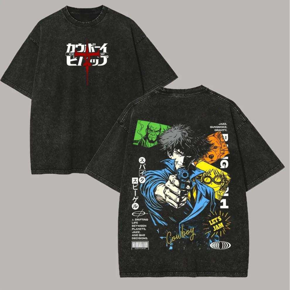Vintage-Wash Short-Sleeve T-Shirt | Cowboy Bebop Double-Sided Print (Retro Cyber-Manga Style) | Unisex Oversized Fit