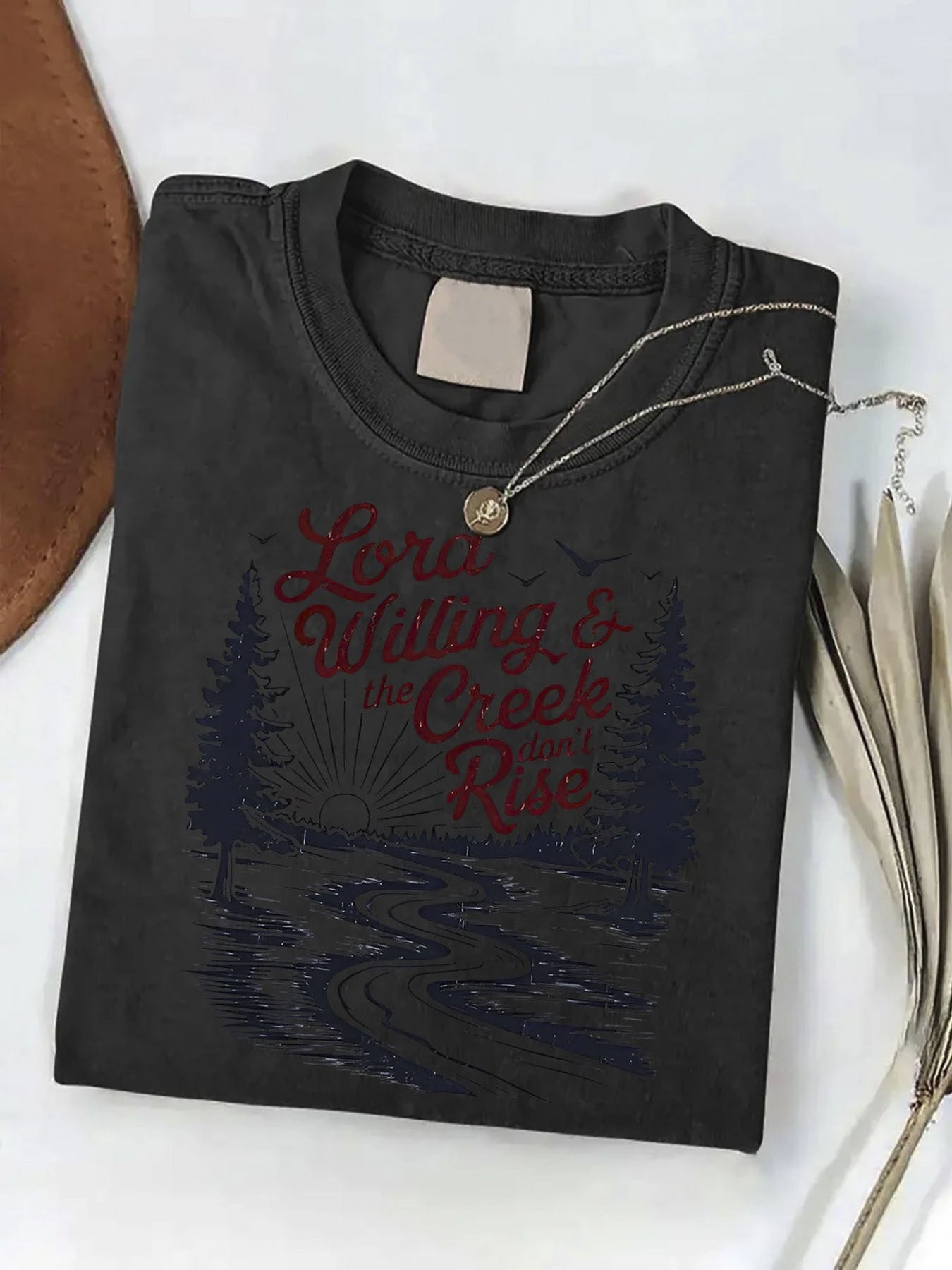 Men'S 230g Heavyweight Washed T-Shirt - Vintage Riverside Pine Trees & Birds Print with "Lord Willing The Creek Don't Rise" Design, Soft Retro Loose Fit Short Sleeve Round Neck, All-Season Casual Streetwear, Machine Washable Comfortable Everyday Shi