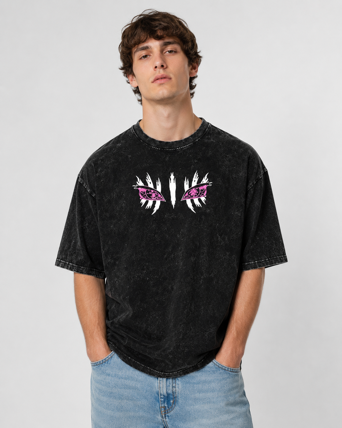 American-style acid-washed distressed Demon Slayer Akaza demon eye print short-sleeved T-shirt, heavyweight retro wash, oversized, unisex anime T-shirt.