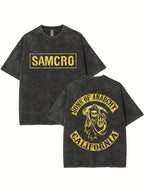 Couple Vintage Washed Print T Shirt With SAMCRO Text And Reaper Emblem On Front And Back Crew Neck Short Sleeve Loose Fit Straight Hem Graphic Tee