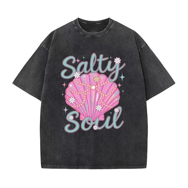 Salty Soul Unisex Vintage Washed Crew Neck Tee Regular Fit Casual Comfort Breathable Short Sleeve Funny T-shirts for Summer Fashion Men&Women's Top for Daily Wear 080801