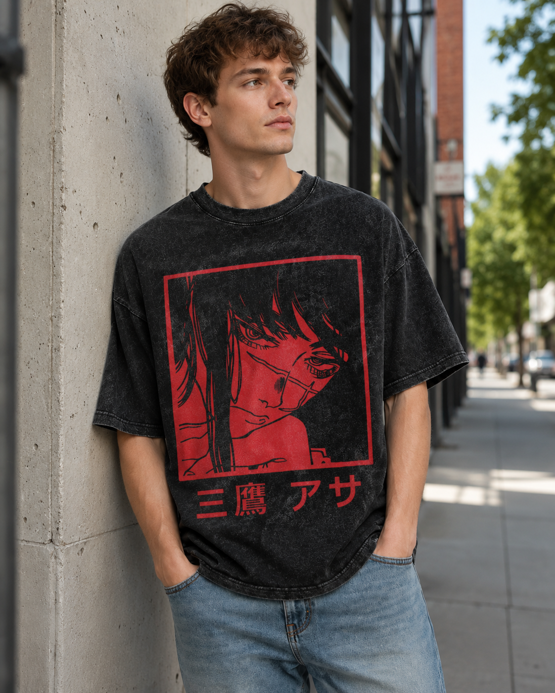 American-style acid-washed distressed short-sleeved T-shirt with red border and Japanese anime girl print. Heavyweight retro wash, oversized, loose fit, unisex.