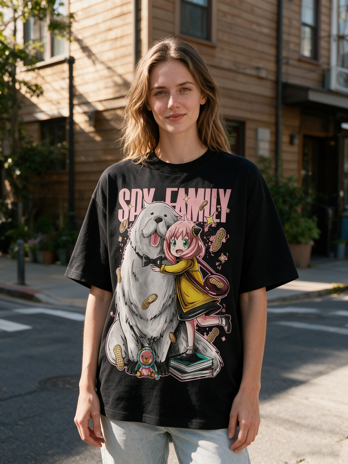 Pure Cotton *Spy x Family* Anime Short-Sleeve T-Shirt (Anya & Bond) – Trendy Oversized Loose-Fit Women's Top