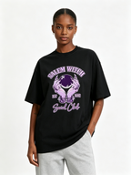Women's Oversized Heavyweight Cotton T-Shirt – Vintage-Washed "Salem Witch" Crystal Ball Graphic (American Style / Halloween Theme)