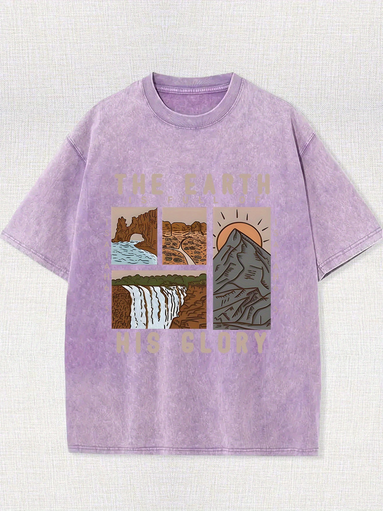 [Casual Style] Men's vintage washed cotton T-shirt - featuring the pattern of "The Earth is His Glory" and mountain and river prints, casual and loose-fitting, breathable short-sleeved T-shirt, suitable for casual wear and outdoor activities, vintage wash