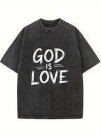 Vintage 'GOD IS LOVE' Short Sleeve Shirt with Bold White Lettering - Soft Washed Beige Cotton Breathable Loose Fit T-Shirt Suitable for Daily Wear & Parties, Machine Washable Faith Apparel