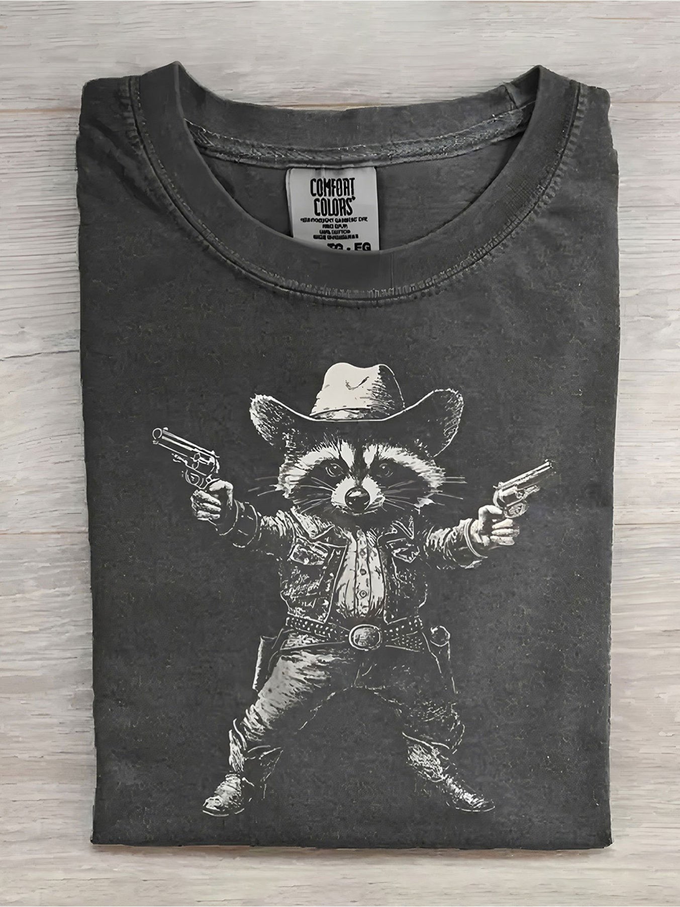 Men's Vintage Raccoon Denim Short Sleeve T-Shirt - 230g 100% Cotton Breathable Round Neck Casual Top with Raccoon & Denim Patch Design, Machine Washable for all-Season - Perfect Holiday Gift