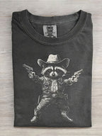 Men's Vintage Raccoon Denim Short Sleeve T-Shirt - 230g 100% Cotton Breathable Round Neck Casual Top with Raccoon & Denim Patch Design, Machine Washable for all-Season - Perfect Holiday Gift