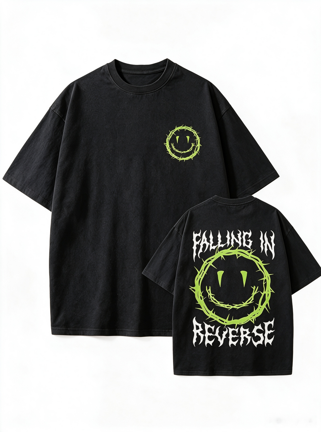 Oversized Heavyweight Cotton T-Shirt with Front & Back "Smiling Thorn" Print – Dark Punk/High-Street/Vintage Style Men's Streetwear Tee