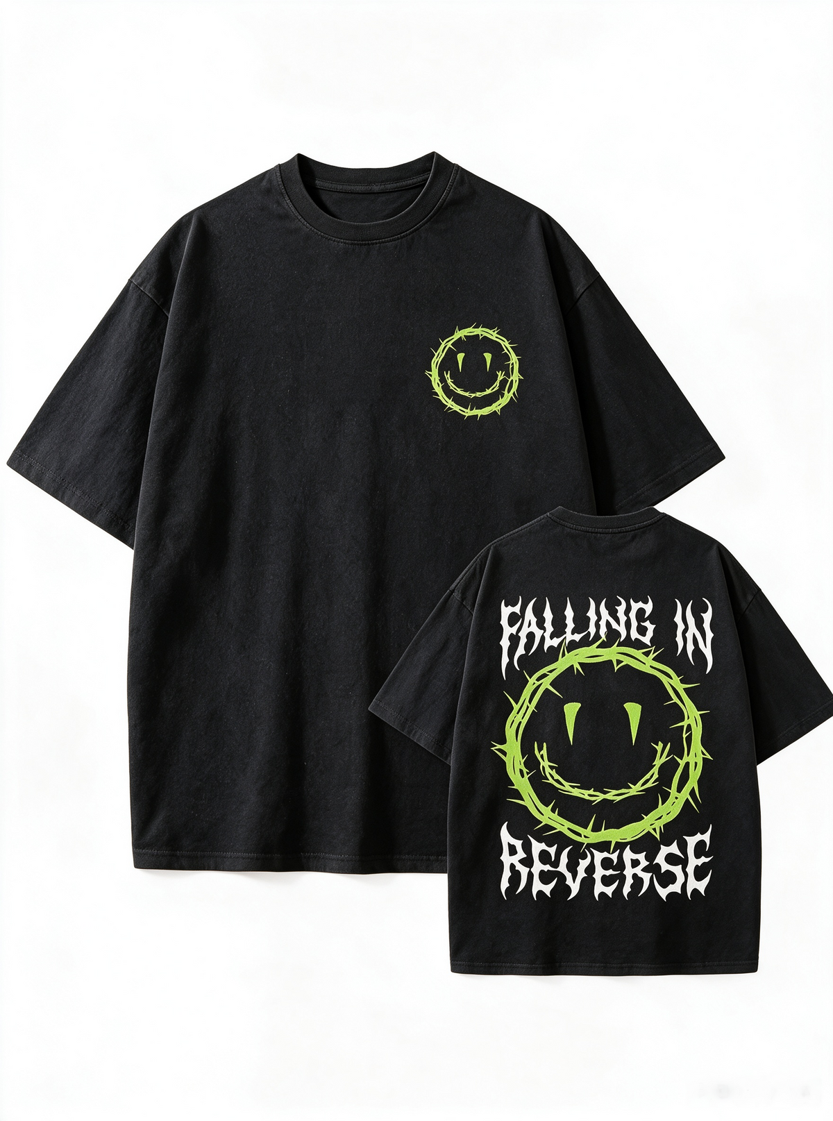 Oversized Heavyweight Cotton T-Shirt with Front & Back "Smiling Thorn" Print – Dark Punk/High-Street/Vintage Style Men's Streetwear Tee
