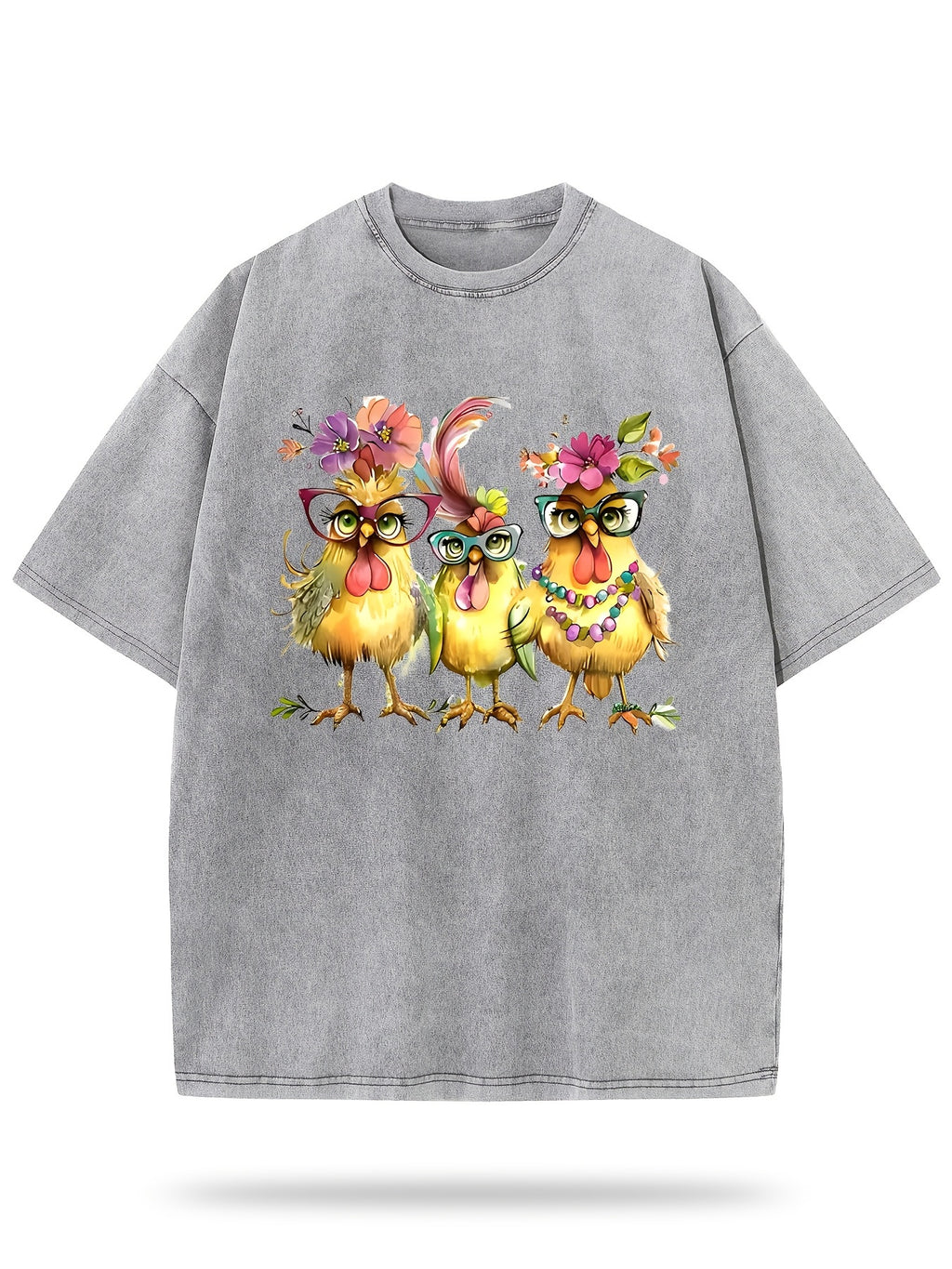 Printed with Three Elegant Cartoon Chickens, Washed Wax-Dyed Retro Thickened Pure Cotton, Fashionable Casual Couple Style, Comfortable to Wear