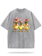 Printed with Three Elegant Cartoon Chickens, Washed Wax-Dyed Retro Thickened Pure Cotton, Fashionable Casual Couple Style, Comfortable to Wear