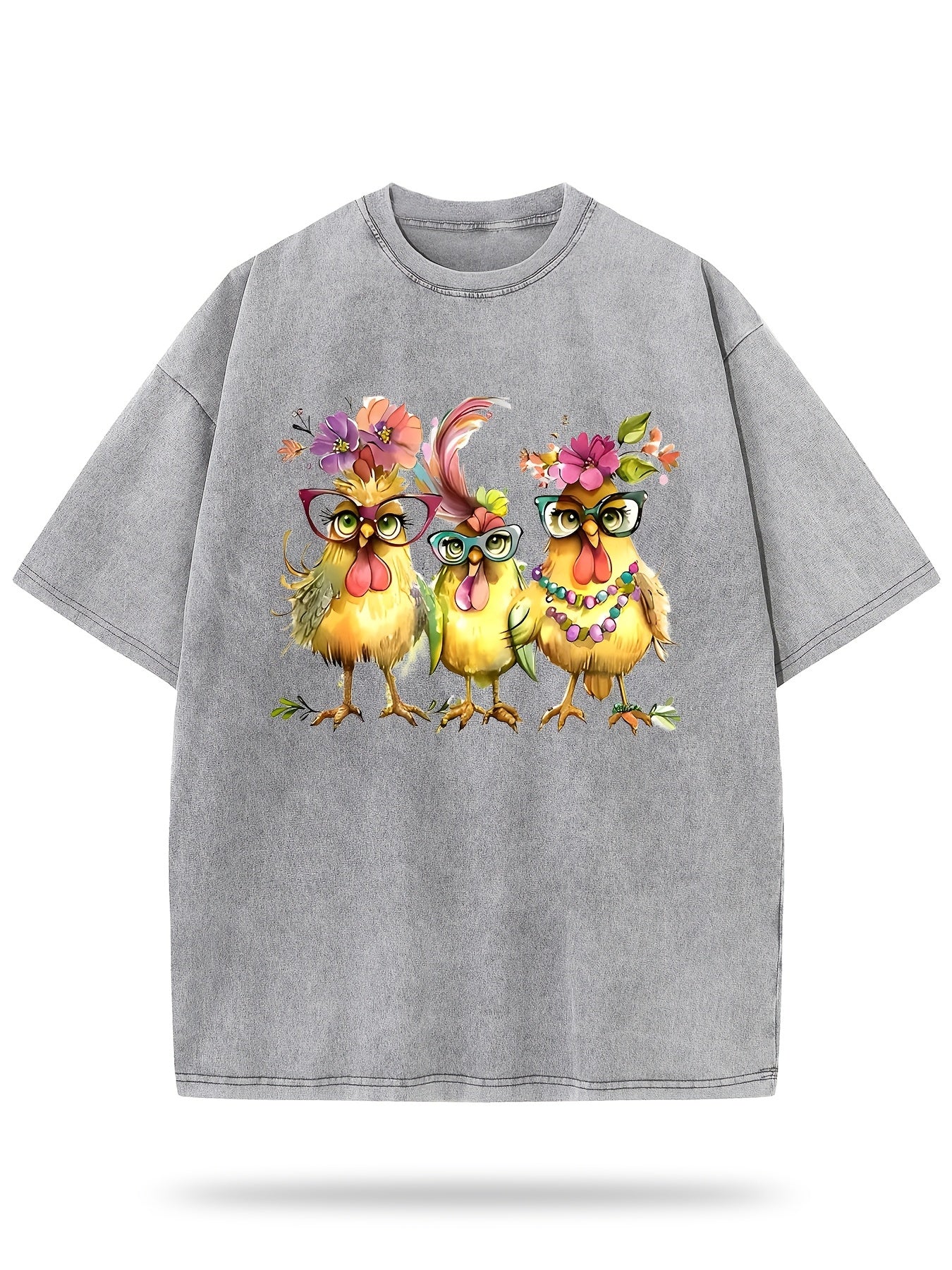 Printed with Three Elegant Cartoon Chickens, Washed Wax-Dyed Retro Thickened Pure Cotton, Fashionable Casual Couple Style, Comfortable to Wear
