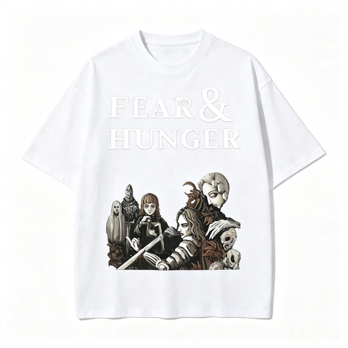 Washed and distressed Fear & Hunger themed short-sleeved T-shirt, American retro heavyweight loose high-street style, oversized, unisex.
