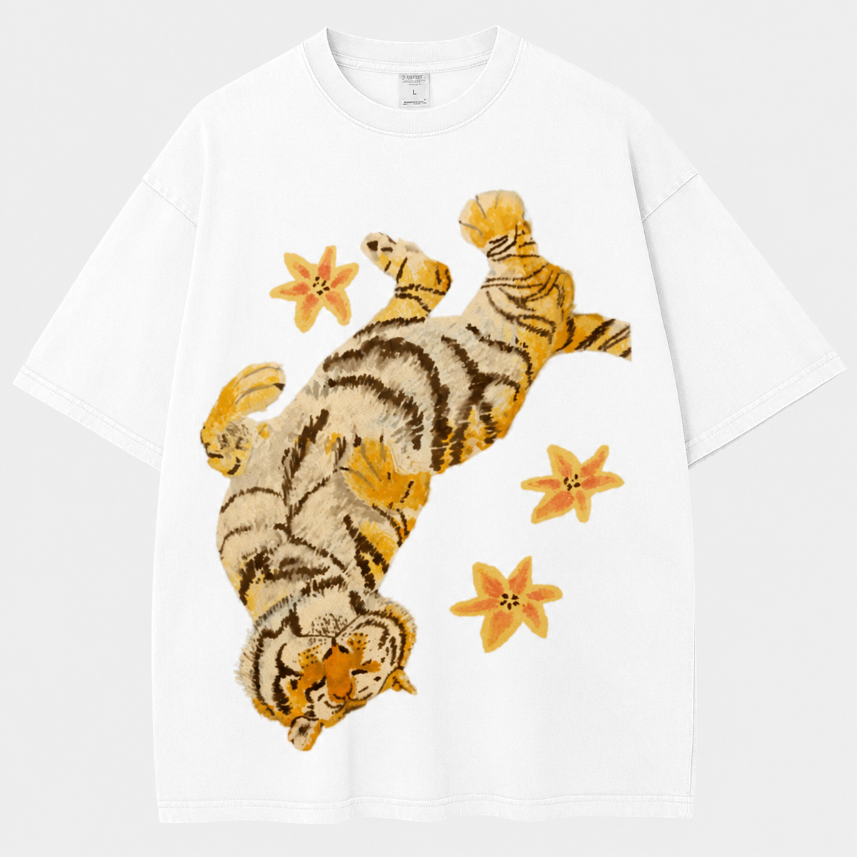 American-style acid-washed distressed, relaxed look with tiger and floral illustrations. Heavyweight vintage wash, oversized, loose fit, unisex T-shirt.