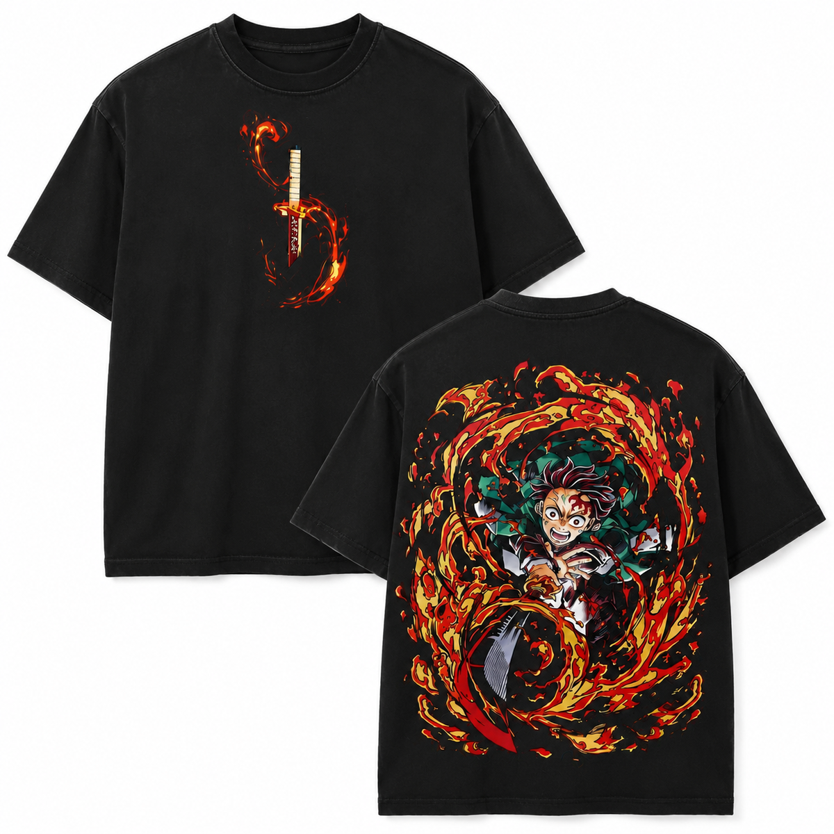 Distressed Black Anime-Themed Short-Sleeve T-Shirt – 100% Cotton, Oversized, Double-Sided Print – Casual Retro Style for Fans