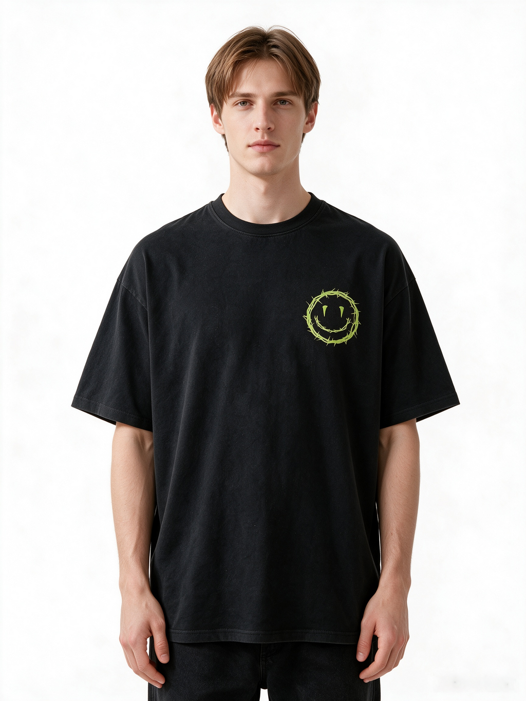 Oversized Heavyweight Cotton T-Shirt with Front & Back "Smiling Thorn" Print – Dark Punk/High-Street/Vintage Style Men's Streetwear Tee