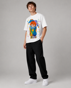 Hand-painted, colorful clown print, distressed wash, American heavyweight pure cotton, oversized, fun, retro, dopamine-inducing unisex T-shirt.