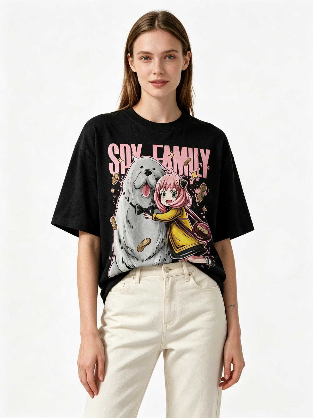 Pure Cotton *Spy x Family* Anime Short-Sleeve T-Shirt (Anya & Bond) – Trendy Oversized Loose-Fit Women's Top