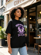Women's Oversized Heavyweight Cotton T-Shirt – Vintage-Washed "Salem Witch" Crystal Ball Graphic (American Style / Halloween Theme)