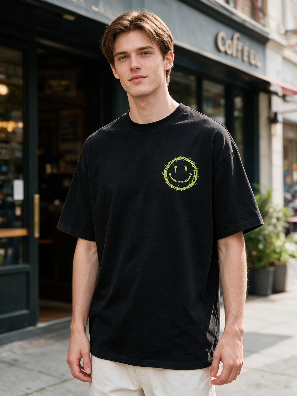 Oversized Heavyweight Cotton T-Shirt with Front & Back "Smiling Thorn" Print – Dark Punk/High-Street/Vintage Style Men's Streetwear Tee