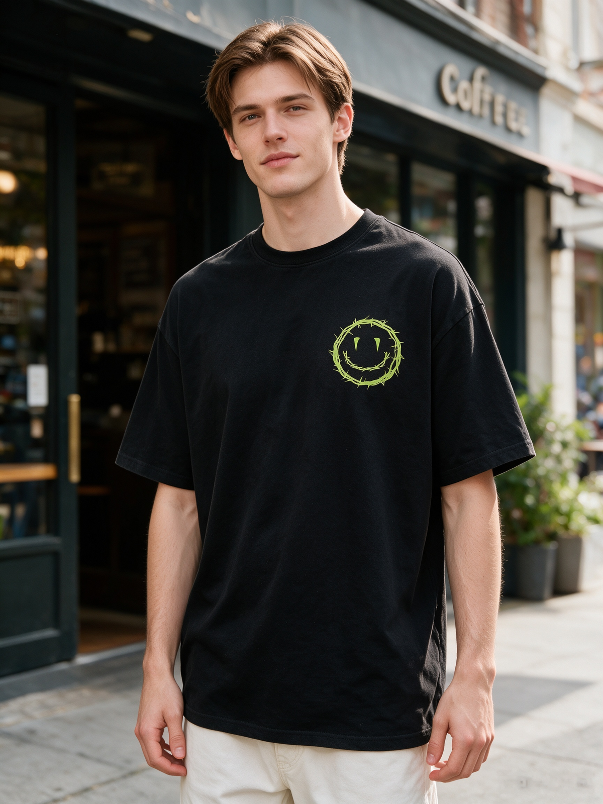 Oversized Heavyweight Cotton T-Shirt with Front & Back "Smiling Thorn" Print – Dark Punk/High-Street/Vintage Style Men's Streetwear Tee