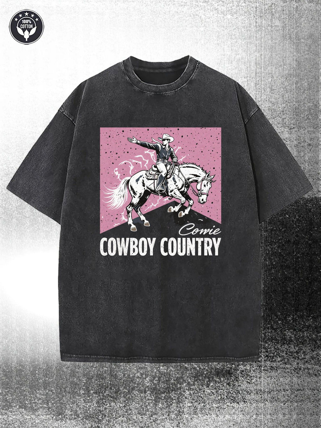 Men's Retro Washed Black 230gsm Heavy Western Cowboy Pattern Print, Pink Horse Knight and Cowboy Country Letter, Street Style Short Sleeve Crew Neck Casual, Suitable for Country Music Festival and Casual Wear