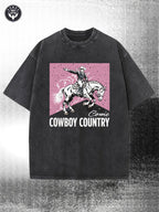 Men's Retro Washed Black 230gsm Heavy Western Cowboy Pattern Print, Pink Horse Knight and Cowboy Country Letter, Street Style Short Sleeve Crew Neck Casual, Suitable for Country Music Festival and Casual Wear